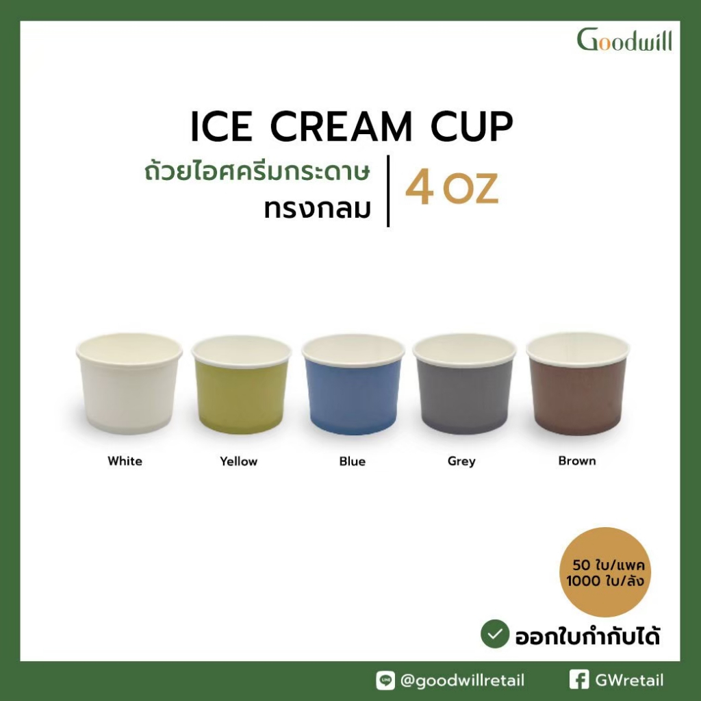 SET แพ็ก [50ชุด] ถ้วยไอศกรีมกระดาษทรงกลม 4oz + ฝา PET และช้อนไม้ // ถ้วย 2 P + ฝา 2 P +ช้อนไม้ 1P