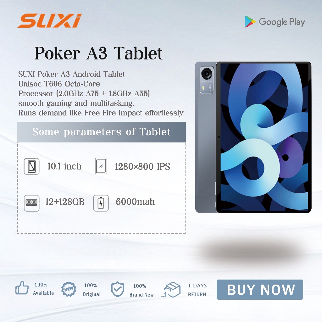 Suxi Poker A3 10.1 tablet  แท็บเล็ต 12+128GB 4G, ลําโพงคู่และผู้ช่วย AI, หน้าจอ IPS