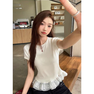 UMISO 100%cotton เสื้อยืดแขนสั้น เสื้อลูกไม้ คอกลมลายลูกไม้สีขาวสำหรับผู้หญิง
