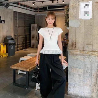 UMISO 100%cotton เสื้อยืดแขนสั้น เสื้อลูกไม้ คอกลมลายลูกไม้สีขาวสำหรับผู้หญิง