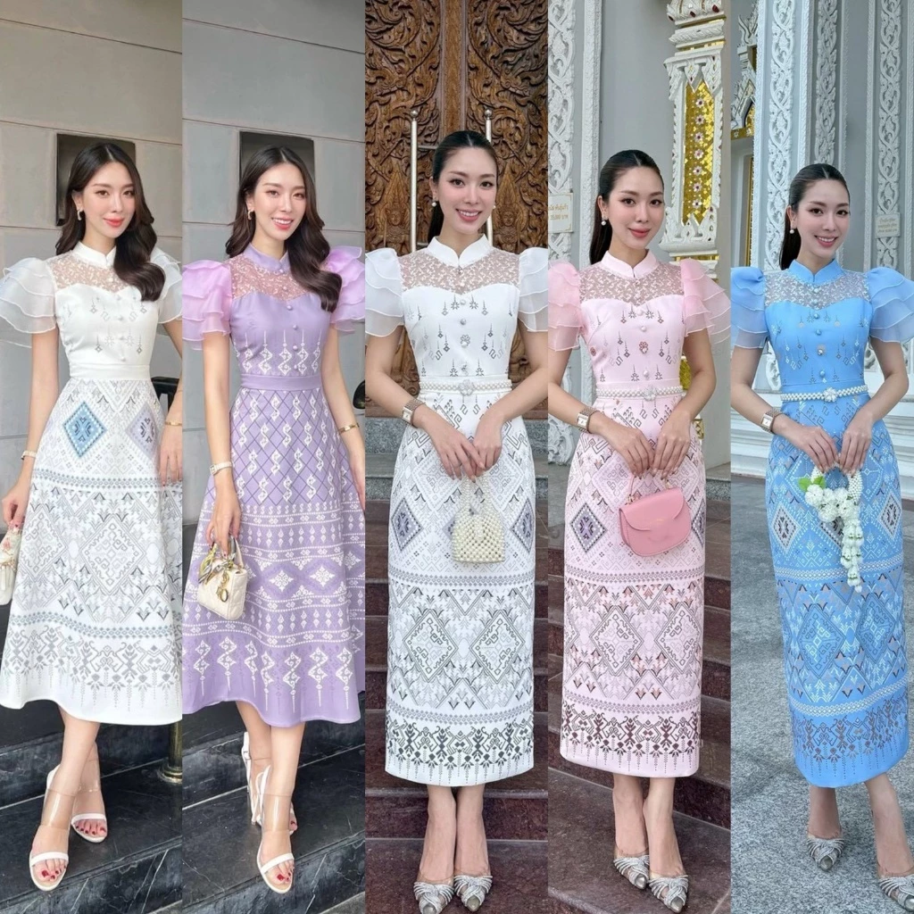 🚩ร้านโค้ดคุ้ม🚩 ABIGAIL เดรสพิมพ์ลายไทย แต่งลูกไม้ แขนระบายชั้น ใส่ออกงานบุญ งานบวช แฟนนาค
