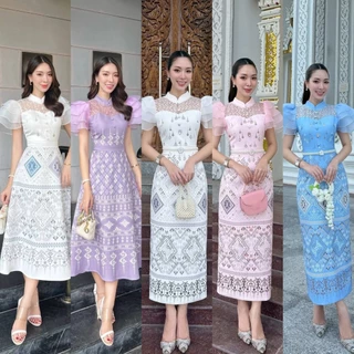 🚩ร้านโค้ดคุ้ม🚩 ABIGAIL เดรสพิมพ์ลายไทย แต่งลูกไม้ แขนระบายชั้น ใส่ออกงานบุญ งานบวช แฟนนาค