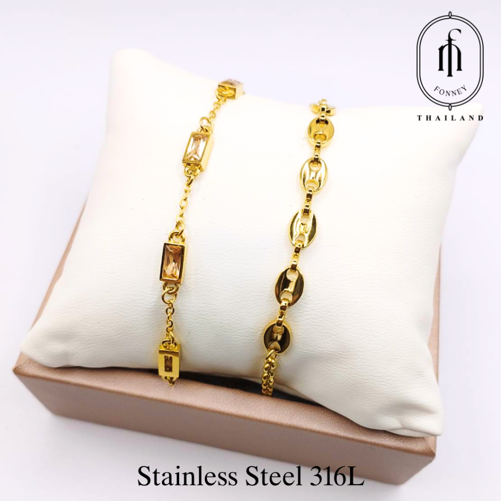 [ส่งด่วนฟรี]สร้อยข้อมือ Stainless Steel 316L Fonney สีทอง