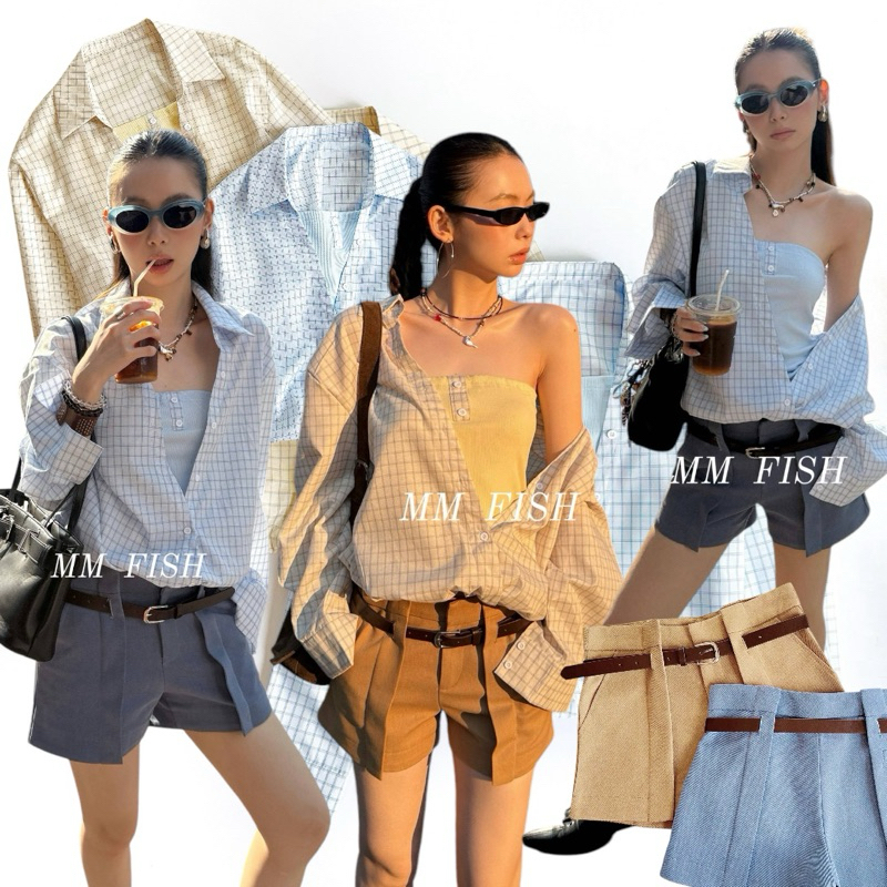 ส่งด่วน 𝗠𝗠 𝗖𝗛𝗘𝗖𝗞𝗘𝗥𝗘𝗗 𝗦𝗛𝗜𝗥𝗧 🔖🏖️ เสื้อเชิ้ตแขนยาวลายทรงจั๊มเอวสุดชิค (กางเกงขายแยก)