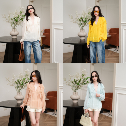 พร้อมส่ง เสื้อซีทรูแขนยาวระบายหน้า งานป้ายvshopbrand