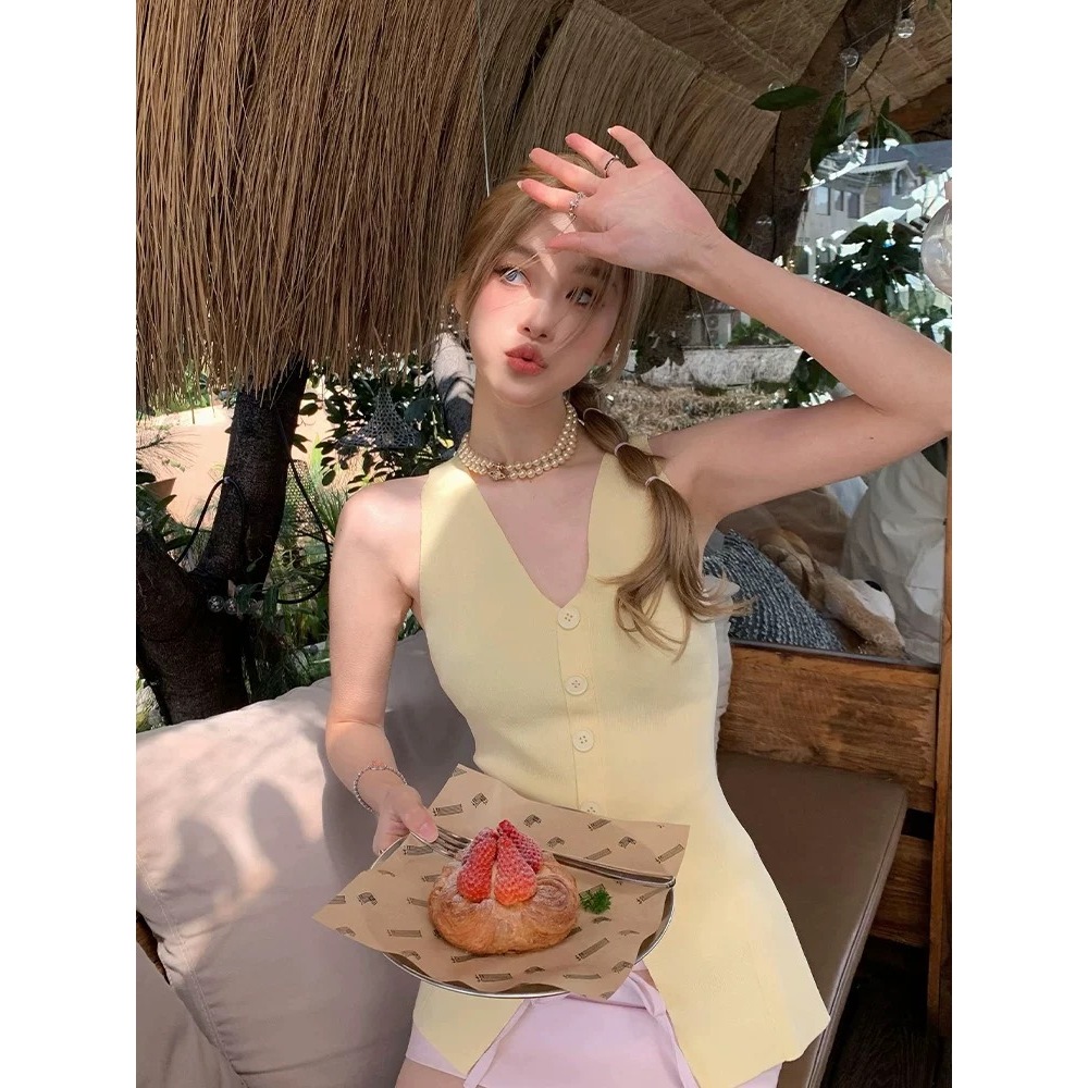 Cicishop(JY828) เสื้อแขนกุดไหมพรม กระดุมใช้งานได้จริง ดีเทลแต่งขีด แหวกหน้า ใส่สบายสไตล์สาวเกาหลี - รูปที่ 6