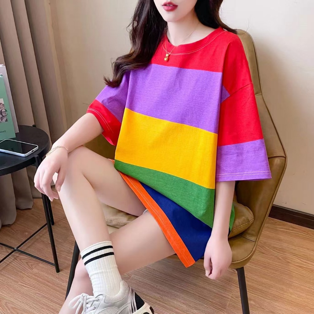 เสื้อยืดแฟชั่นผู้หญิง หลวมใส่สบาย ลายริ้วมาใหม่ เสื้อแขนสั้น-983#