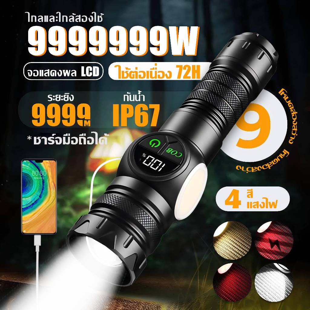 ✨รับประกัน 20ปี✨ไฟฉาย LED ไฟฉายแรงสูง ไฟฉายกันน้ำ ซูมแบบยืดหดได้ แบตยาวนาน แสง9 โหมด ไกลและใกล้สองใช้ กันน้ำ IP67