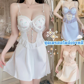 TOP SEXY ชุดนอนเดรสผู้หญิง ชุนอนซาตินกระโปรง ชุดนอนมีฟองน้ำในตัวผู้หญิง 🧁 มีไซต์ M-5XL นน 40-100 Kg ไม่ร้อน T-452