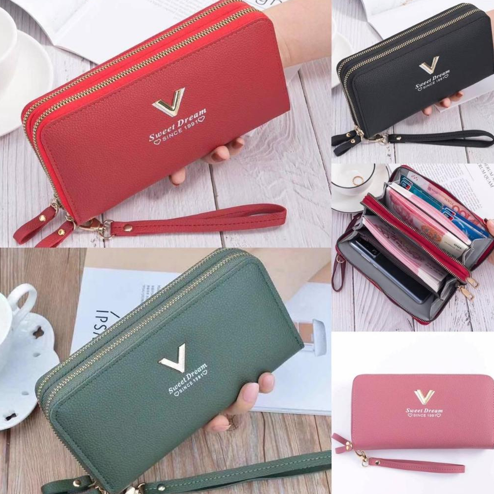 กระเป๋าสตางค์ใบยาว2ซิปโลโก้ V กระเป๋าแฟชั่นสำหรับผู้หญิง (GC-001)