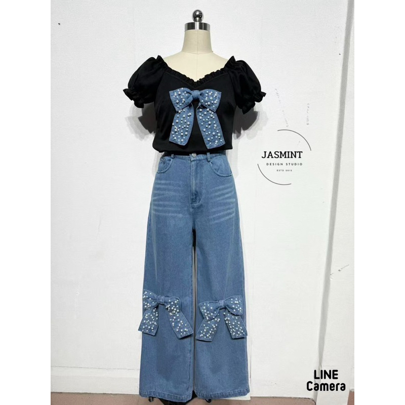 (s,m) ชุดยีนส์ เสื้อแขนตุ๊กตา แต่งโบว์มุก+กางเกงยีนส์เอวสูง งานป้าย jusmint