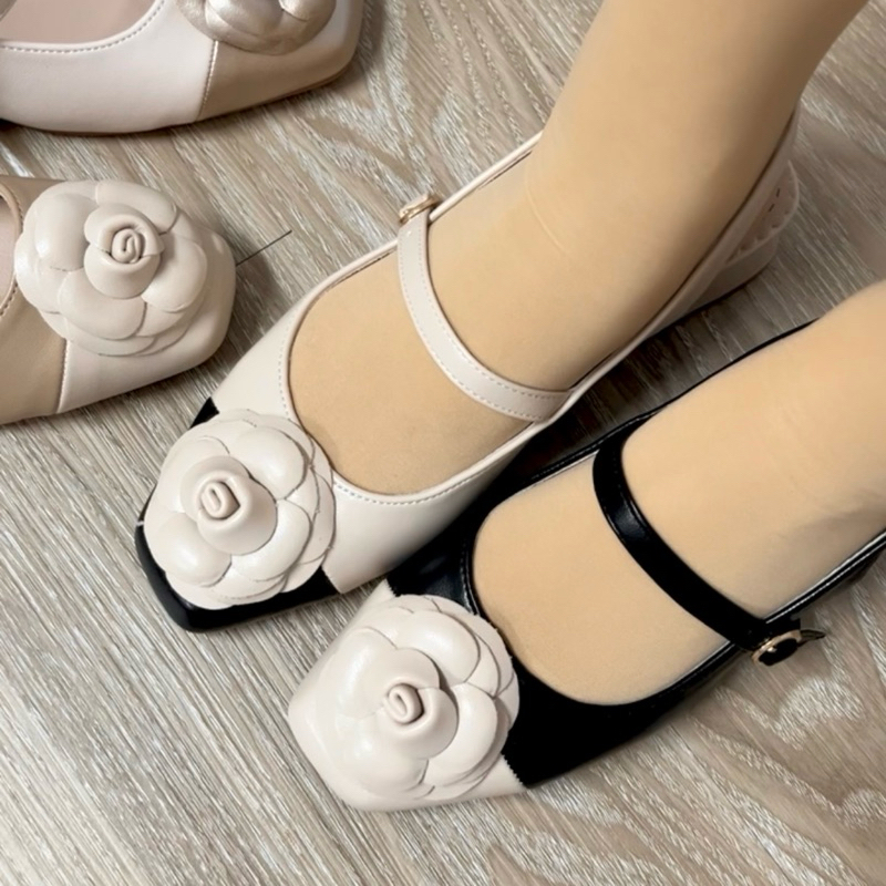 SudaSelect: รองเท้ารัดส้น ทรงแมรี่เจน สีทูโทน แต่งด้วยดอกคามีเลียใหญ่ ส้นสูง 1.5นิ้ว รหัส670851 - รูปที่ 6