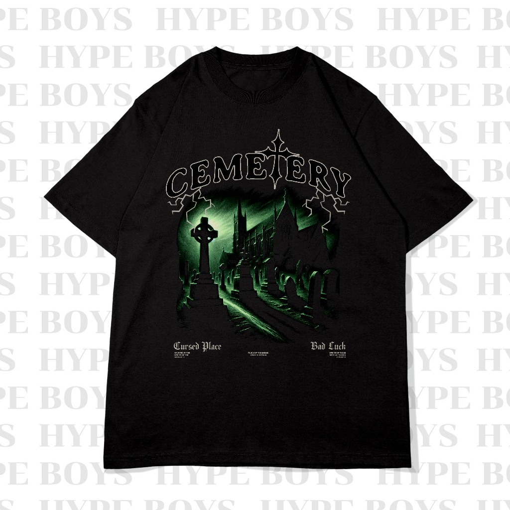 เสื้อยืดโอเวอร์ไซส์ Cemetery เสื้อยืดโอเวอร์ไซส์สีขาว/ดำ ผ้าคอตตอล สกรีนDFT/DTF