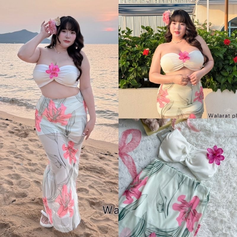 เซ็ตทะเล อก36-52นิ้ว เสื้อเกาะอก มีฟองน้ำ กระโปรงยาวซีทรู ลายดอกไม้ เที่ยวทะเล เซ็กซี่ สาวอวบ ไซส์ใหญ่ MG320