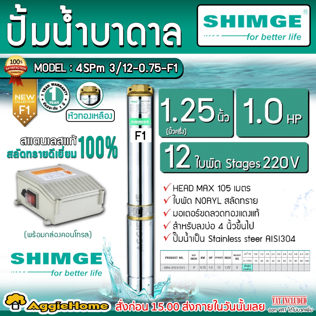 SHIMGE ปั๊มบาดาล หัวทองเหลือง รุ่น 1.25นิ้ว 1HP 12ใบพัด (F1) บาดาล ปั๊มน้ำ ซัมเมิส