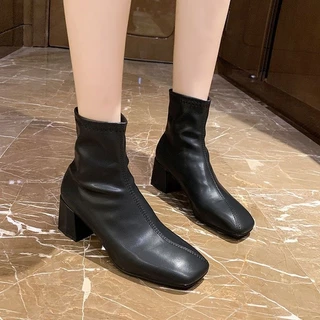 🚚พร้อมส่งจากไทย-PU Short Boot รองเท้าหนังแฟชั่นรองเท้าส้นสูงสำหรับผู้หญิง