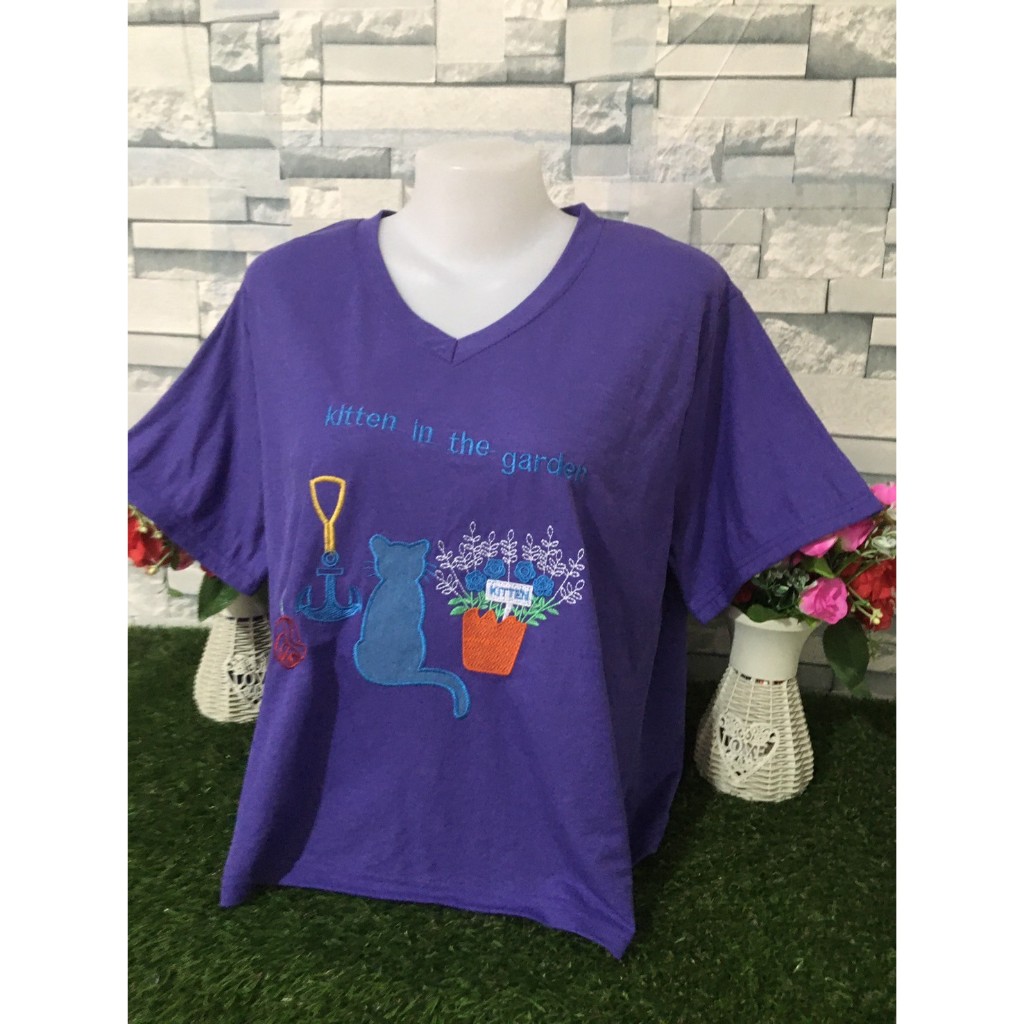 เสื้อยืดผู้หญิง เสื้อผ้าสาวอวบ แขนสั้น คอวี รูปที่ 4