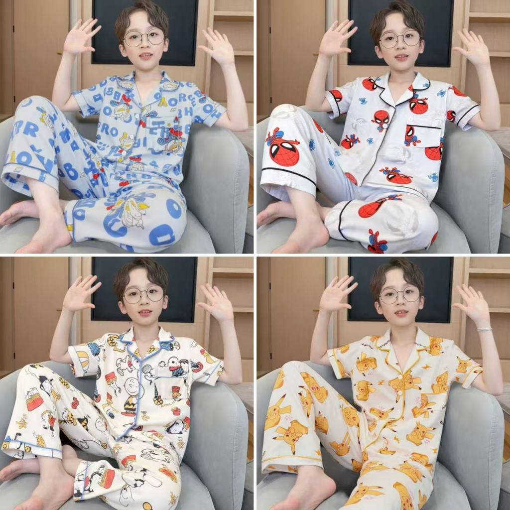 ชุดนอนเด็ก เสื้อผ้าการ์ตูนเด็กผู้ชาย ชุดนอนเด็กผู้ชาย เสื้อแขนสั้น+กางเกงขายาว ผ้าฝ้ายคุณภาพสูง 95~170cm