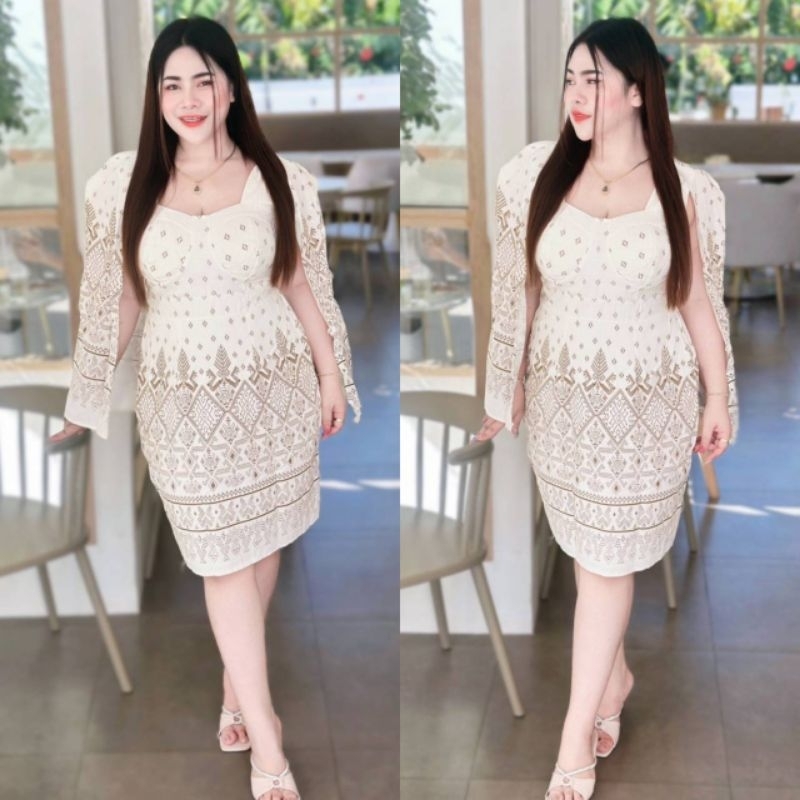เดรสผ้าไทยประยุกต์ใส่ออกงานสาวอวบใส่งานบุญงานบวชใส่แฟนนาคสวยหรู