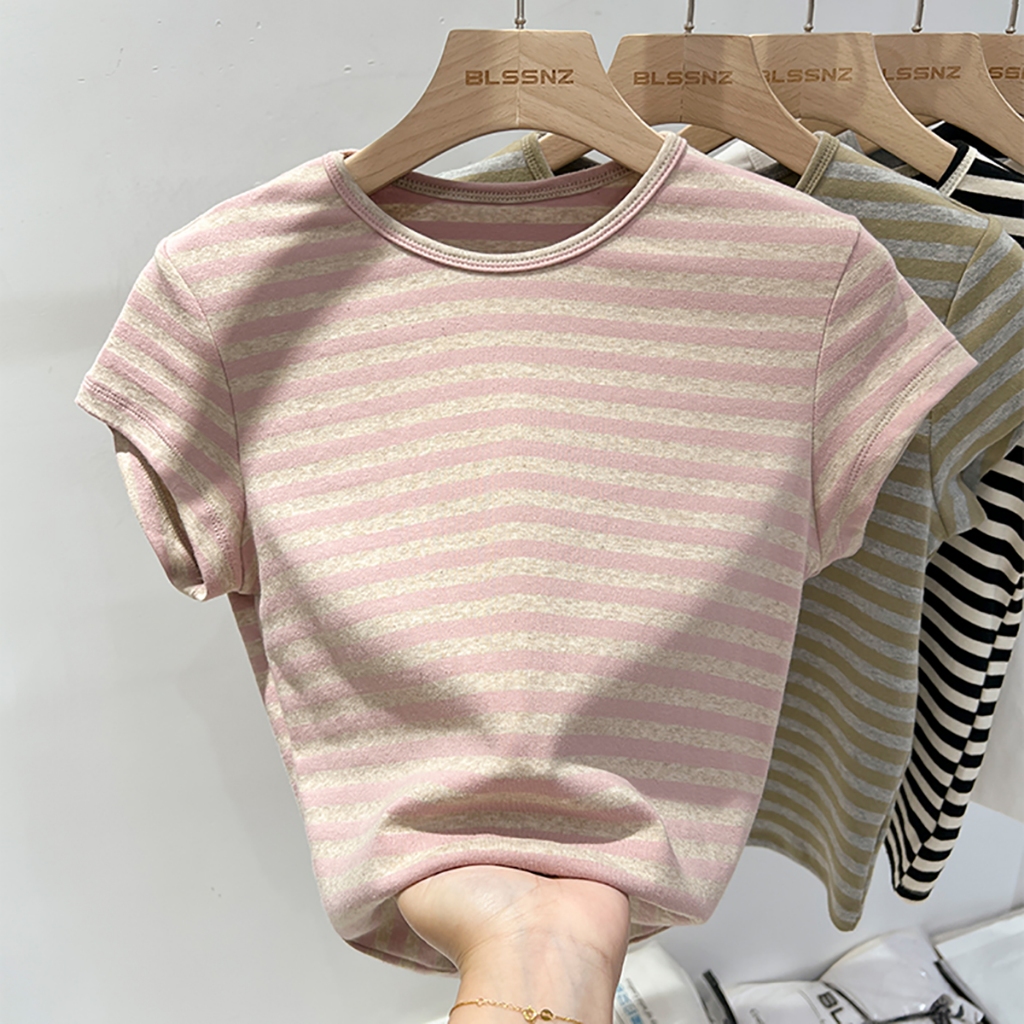 Y6Y – แฟชั่นฤดูร้อน เสื้อยืดแขนสั้นลายทางสไตล์เรโทรสบายๆ เสื้อยืดแขนสั้นลายทางสไตล์เรโทรสบายๆ คอกลม – โปรปัง