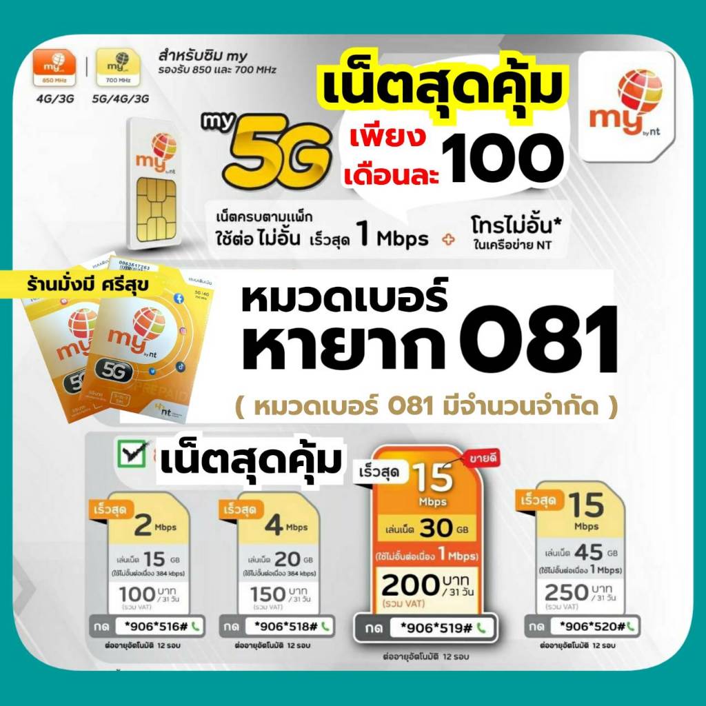 สุดคุ้ม! (no.5)หมวดหายาก 081 เล่นเน็ตต่อเนื่อง  เพียงเดือนละ100บาท (2Mbps 15GB FUP 384kbps)