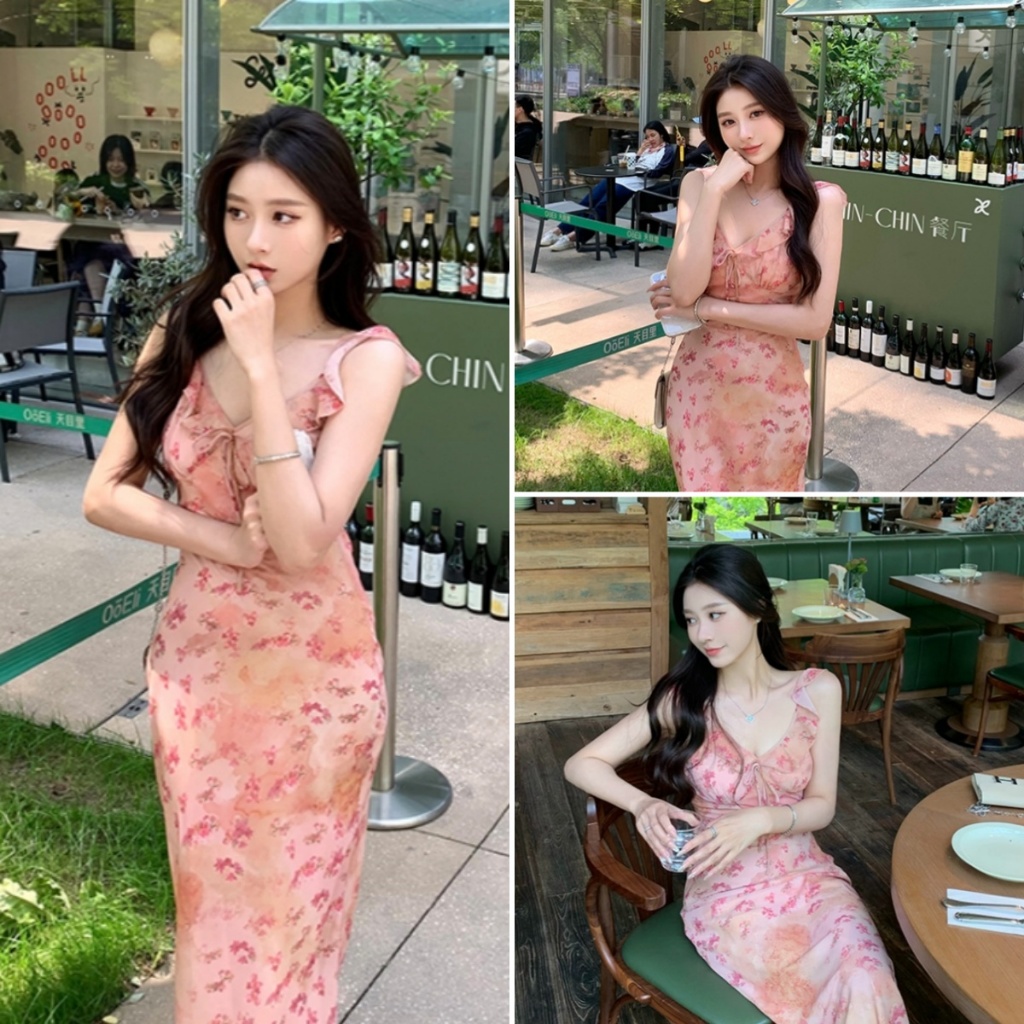 Beryl 🌻เดรสสายเดี่ยว✨ชุดเดรสลายดอกไม้ เดรสยาว สไตล์เกาหลี ปิดไหล่ หวานและเซ็กซี่ คอวี โรแมนติก