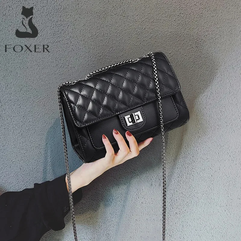 FOXER กระเป๋าสะพายข้างแฟชั่นสตรี หนังแท้ กระเป๋าทรงสี่เหลี่ยมเล็ก