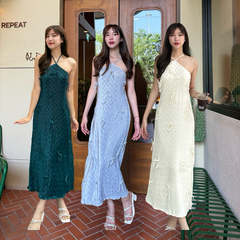 NOOZZSHOP 4711011 ชุดเดรสผ้าพลีท ดีเทลโบว์น่ารัก สำหรับออกงาน
