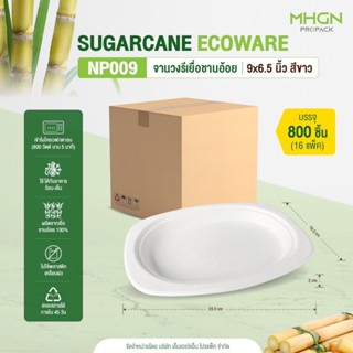 จานวงรีเยื่อชานอ้อย 9 x 6.5 นิ้ว สีขาว บรรจุ 500 ชิ้น/ลัง