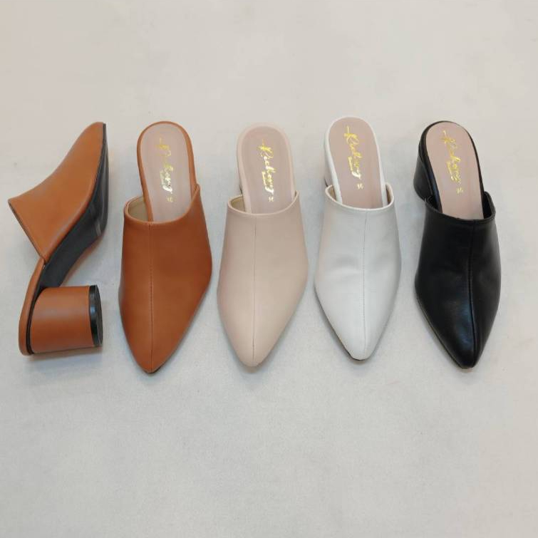 สินค้าขายดี รองเท้าส้นสูง 2 นิ้ว หัวแหลม เปิดส้น สีหนังคลาสสิค ทำในไทย  รองเท้าทำงาน
