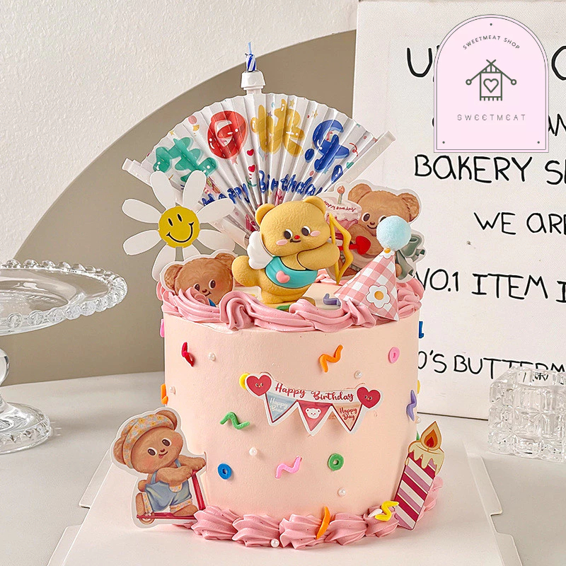 เค้กหมีเนย เค้กน้องเนย  Butter Bear โมเดลหมีเนย ตุ๊กตาหมีเนย เซทหมีเนย ดอกไม้ไฟ ลูกโป่งพลาสเทล ตกเเต่งเค้กหมีเนย