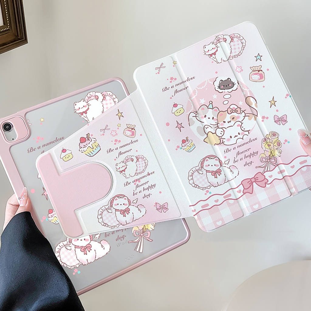 ✨ส่ง24ชม✨เคส iPad Gen12 Gen11 Air7 11/13 ที่ใส่ปากกา ดอกไม้ลูกแมวโบว์ริบบิ้น เคสiPadหมุน 360° Air8