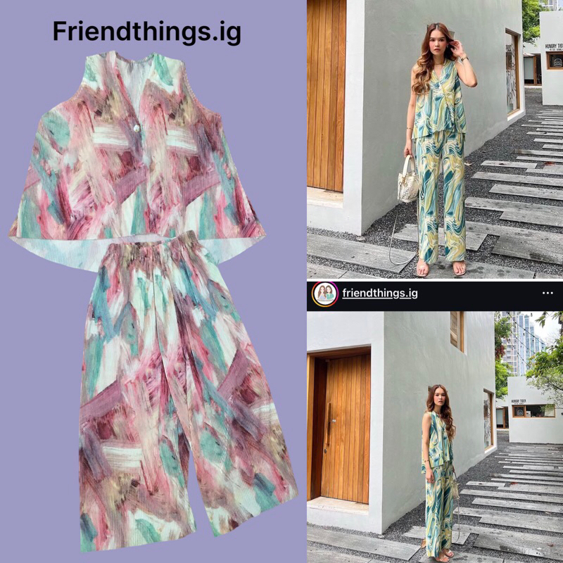 ส่งต่อ เซทพลีท เสื้อคอวี กางเกงทรงกระบอกยาว สีเทอร์ควอยซ์ผสมชมพูลายคลื่น แบรนด์Friendthings.ig