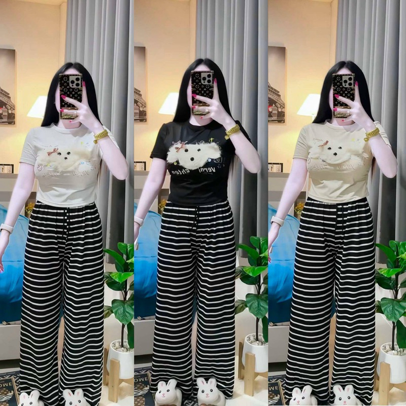 ชุดเซ็ตปักรูปตุ๊กตาน้องหมา สไตล์น่ารัก ได้ทั้งเสื้อกางเกง สำหรับผู้หญิง