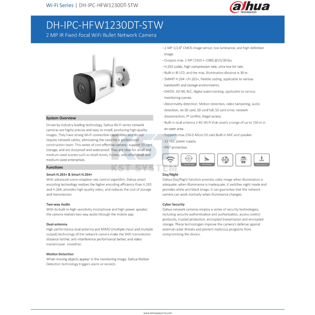 IPC-HFW1230DT-STW (เลือกเลนส์-Adapterในตัว) กล้องวงจรปิด Dahua IPC 2MP Wi-Fi (Two-Way)