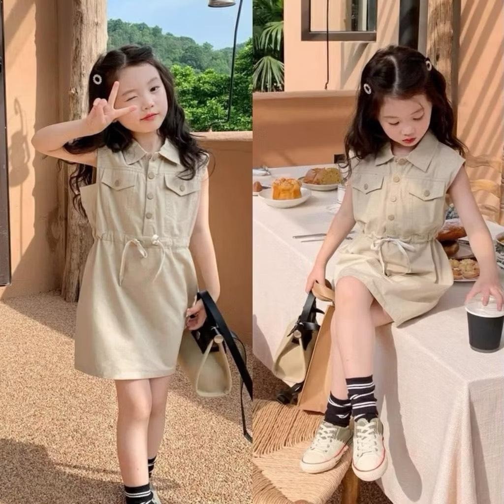 B403 ชุดเดรสเด็กคอปกแขนกุดมีเชือกรูดเอว