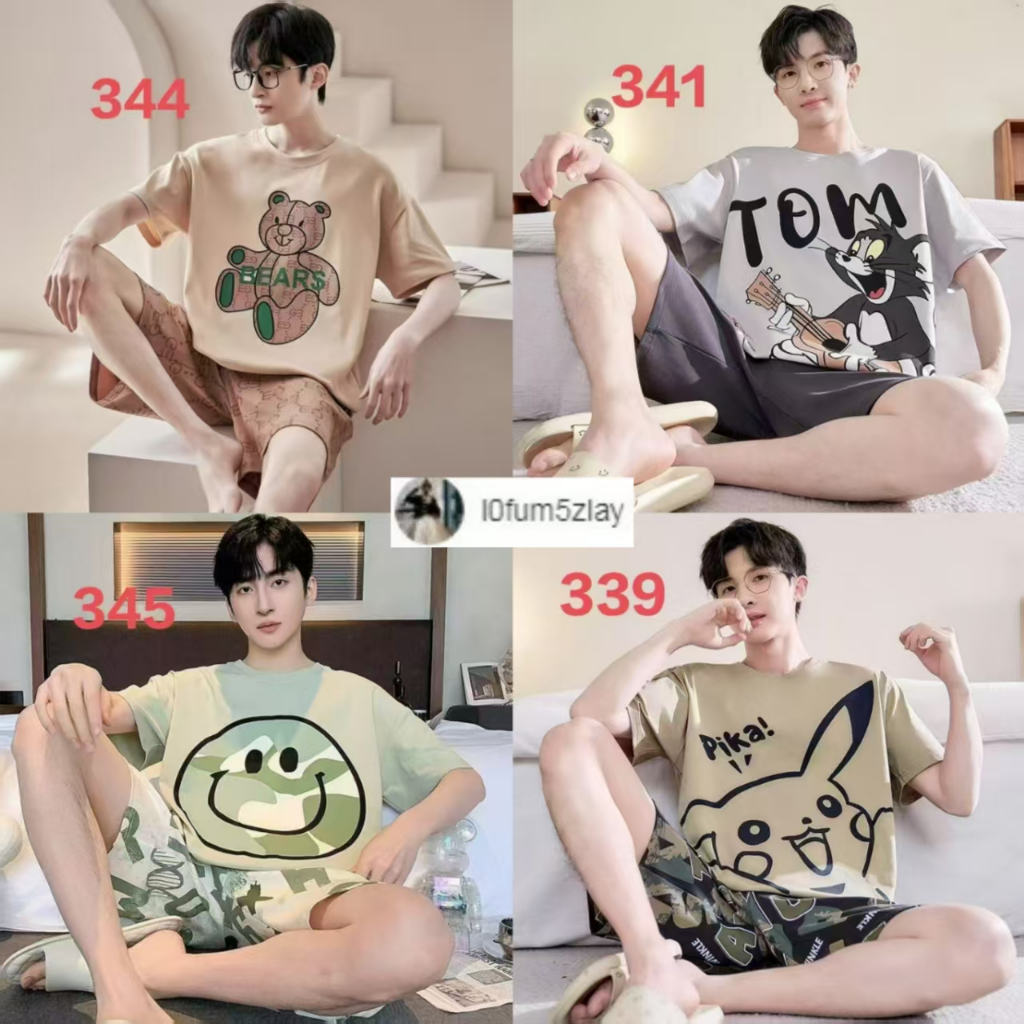 L-4XL(ราคาถูกที่สุด) ชุดนอนผู้ชาย， ผ้าฝ้ายคุณภาพดี， ชุดนอน 2 ชิ้น， มีลายการ์ตูนให้เลือกหลายแบบ， ขาสั้น+เสื้อ