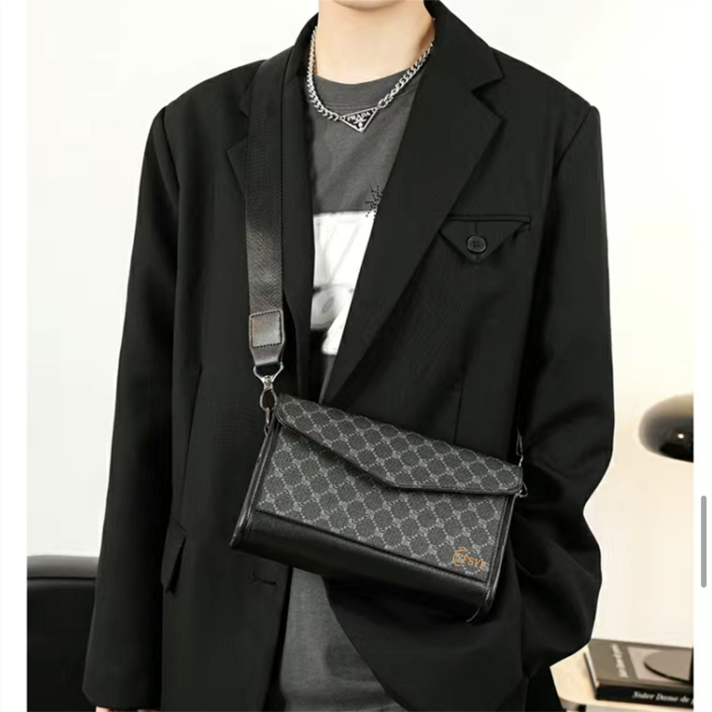 กระเป๋าคาดอก Clutch กระเป๋าธุรกิจ สีดำ ลายสก๊อต