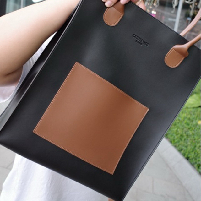 ALLY TOTE BAG LUNGO กระเป๋าทำงานหนัง PU ใบใหญ่ ใส่ A4/โน้ตบุ๊ก/Ipad มีช่องหน้า สีทูโทนเรียบหรู สะพายไหล่ได้ พร้อมส่ง