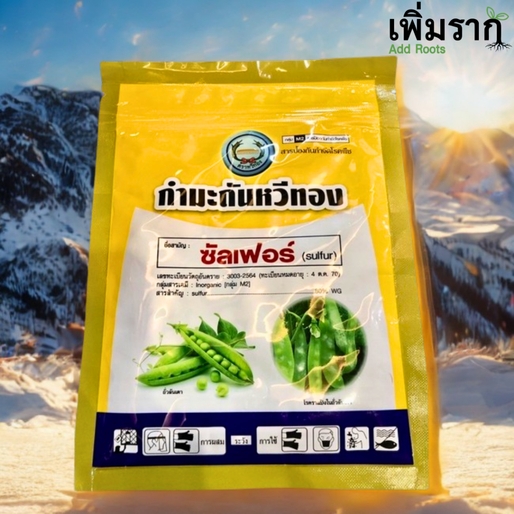 กำมะถันหวีทอง ซัลเฟอร์ 80% WG กำจัดไรศัตรูพืช โรคราแป้ง ราสนิม ไรแดง ไรขาว แบบผงละลายน้ำ