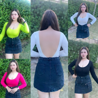 บอดี้สูท สาวอวบ ผ้าเรย่อน แขนยาว เว้าหลัง เซ็กซี่ แขนยาว