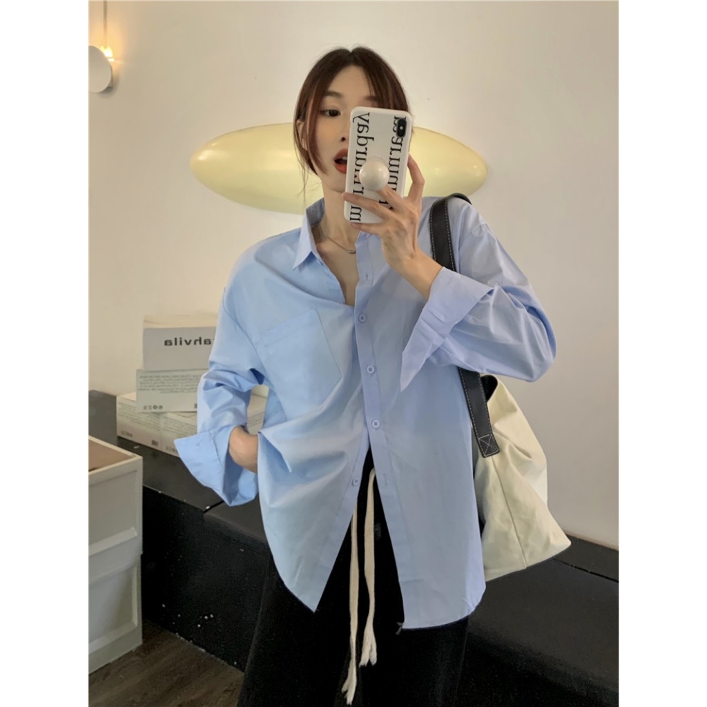 เสื้อเชิ้ตผู้หญิง เสื้อคลุมแขนยาว แต่งกระเป๋าหน้า สีพื้น ผ้าดี ทรงหลวม - รูปที่ 5