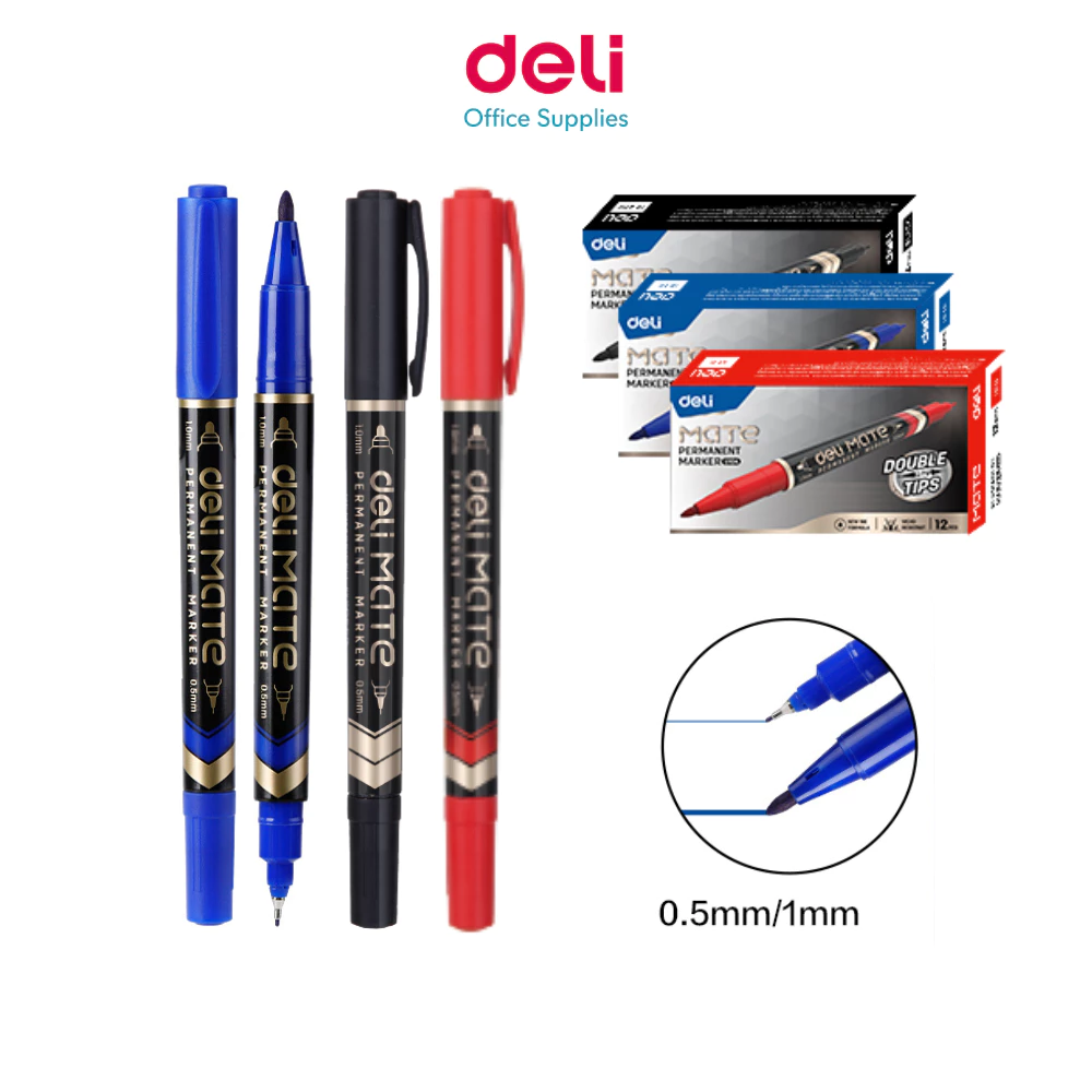 ปากกามาร์กเกอร์ Deli แบบ 2 หัว หมึกติดทน เขียนชัด ใช้งานอเนกประสงค์ Permanent Marker