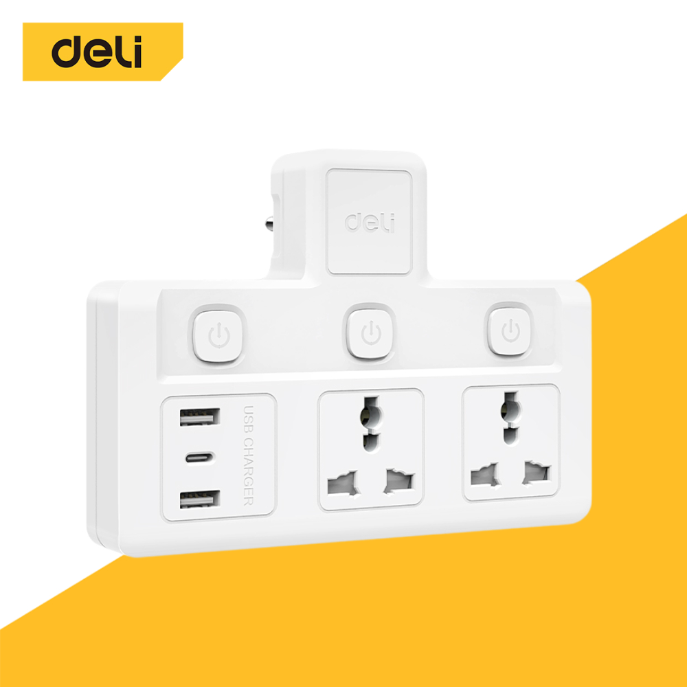 Deli ปลั๊กแปลง ปลั๊กไฟ อแดปเตอร์ USB ชาร์จเร็ว MAX 10A 2500W ทนความร้อนได้ 750อง