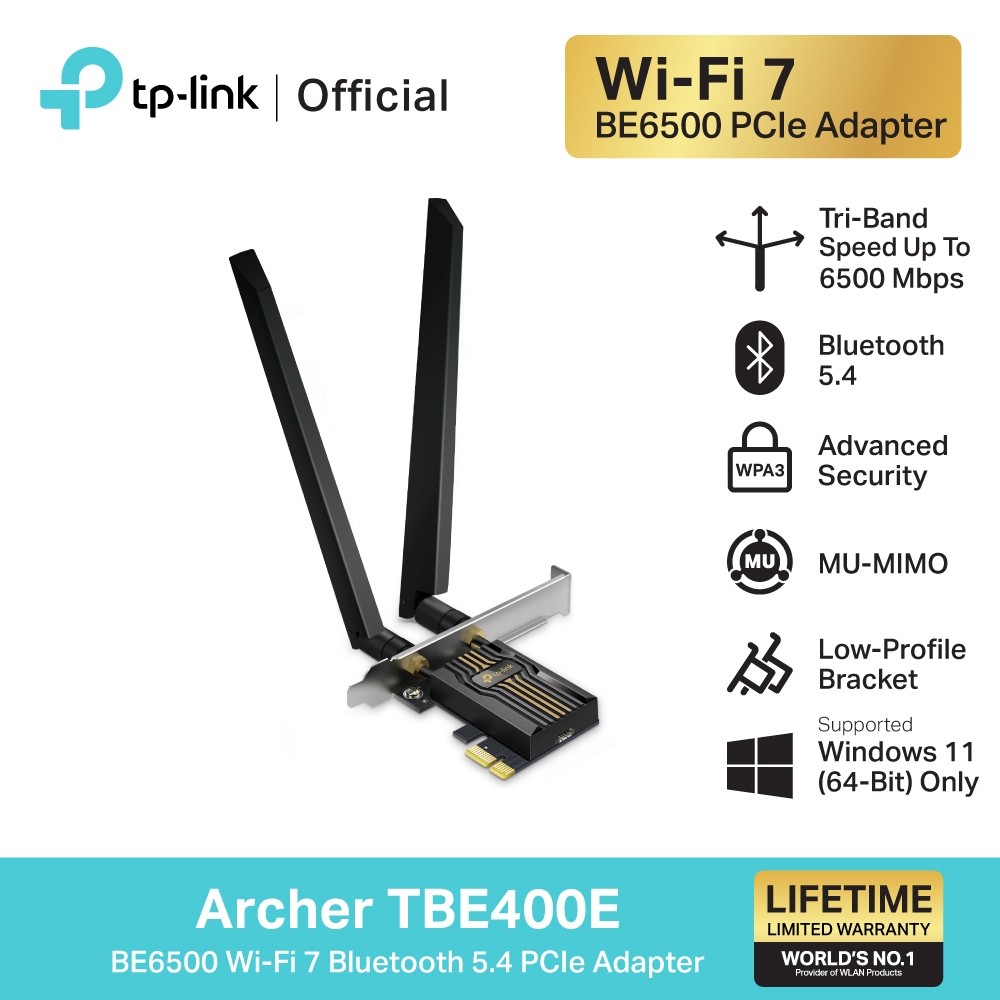 TP-Link Archer TBE400E อะแดปเตอร์ไวไฟ 7 บลูทูธ5.4 BE6500 Wi-Fi 7 Bluetooth 5.4 PCIe Adapter อัปเกรดเดสก์ท็อปให้เป็นไวไฟ7
