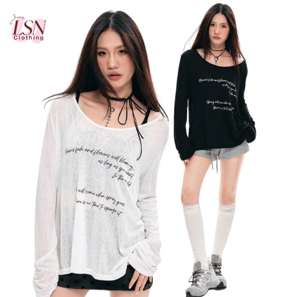 LSN 5163 เสื้อซีทรูแขนยาว คอกว้างเปิดไหล่ พร้อมลายพิมพ์ตัวอักษร เน้นลุคเซ็กซี่ มีให้เลือก 2 สี