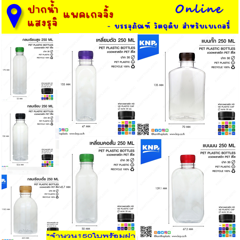 ขวดน้ำพลาสติกพร้อมฝาชนิด PET เนื้อใส ( จำนวน 150 ขวด/แพค พร้อมฝาปิด "เลือกสีได้" )
