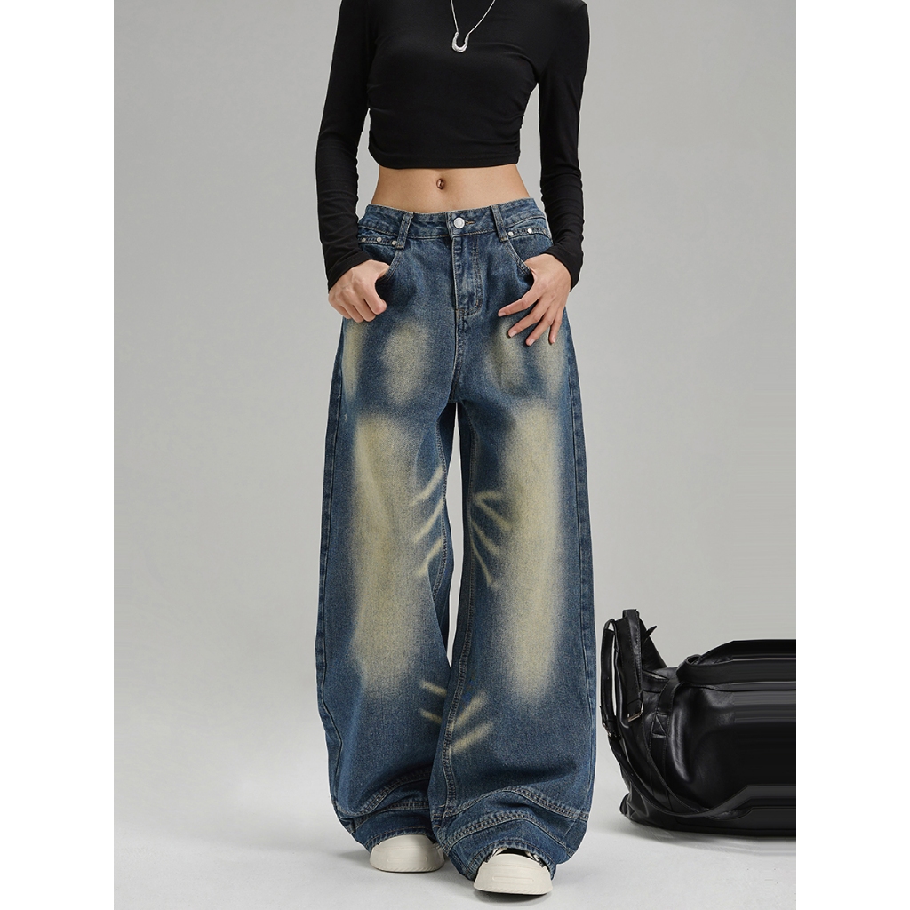กางเกงยีนส์ผู้หญิง กางเกงยีนส์ทำเก่า สาวอวบใส่ได้ สไตล์สตรีท ทรงกระบอก งานพรีเมียม #010184
