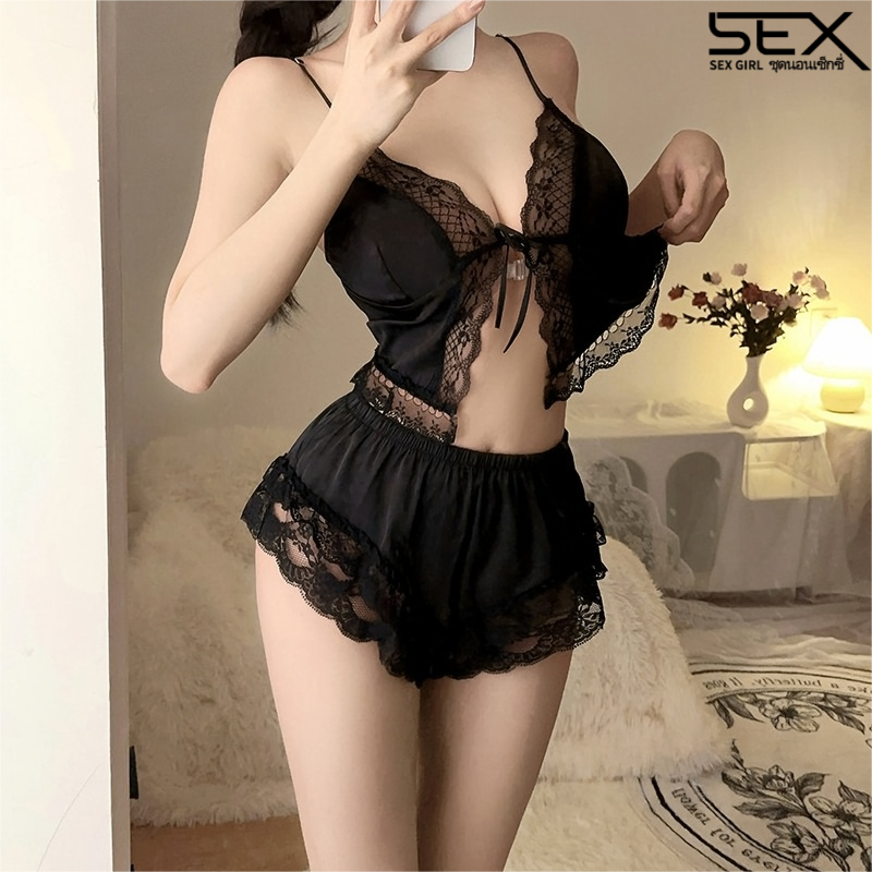 Sexy Girl💝💝ชุดนอนเซ็กซี่ ชุดนอนเซต✨วัสดุซาติน🍂 การตกแต่งด้วยลูกไม้ มีให้เลือก 3 สี.