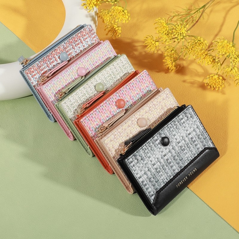 (B-1710) กระเป๋าสตางค์ใบสั้น หนังPu ขนาดเล็กแบบพกพาพกพาสะดวก พร้อมช่องใส่บัตร สีสดใส แฟชั่นสําหรับสตรี lattice